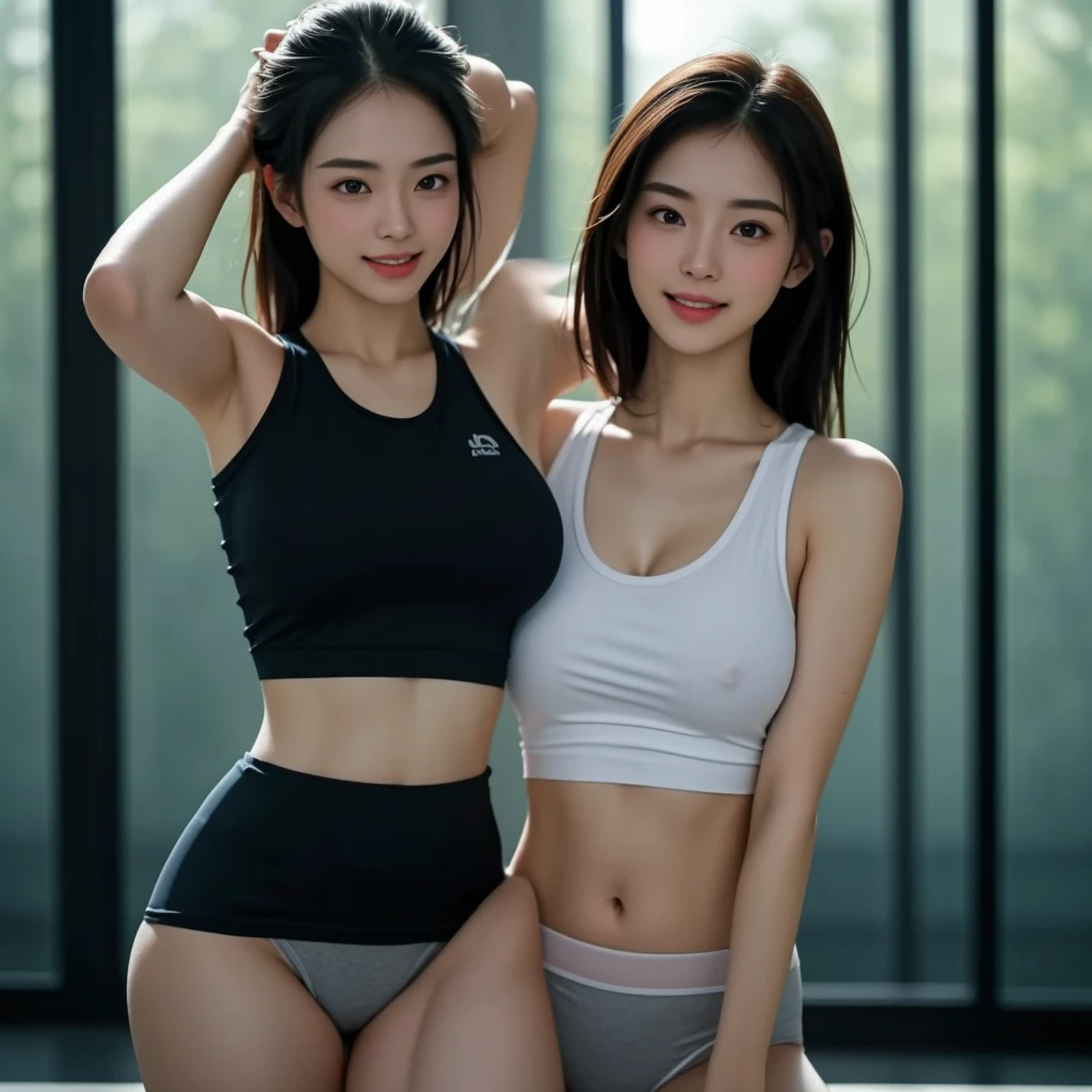 1girl,solo girl,masutepiece, Best Quality, Photorealsitic, finely detail, hight resolution, 8K Wallpapers, Beautiful detailed eyes, Medium Hair, yoga pose、large full breasts, Random and sexy poses,Bring your chest together、(trainingwear)、perspiring、(Breast bulge 1.3)、A smile、open open mouth、seductiv、training gym、(Wet body 1.5)、25-years old、(Drooping eyes 1.4)、Adult beauty、japanes、Staring at the person taking the photo,big breasts,reallist girl,reallist photo,best quality,hd quality,8k,so sexy,