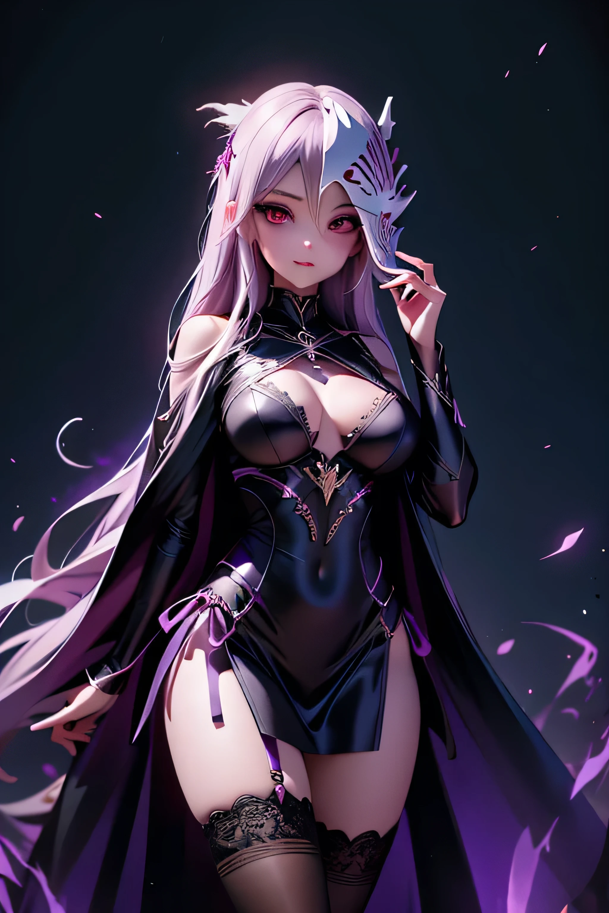 perfect body girl, hollow mask in hand, Supreme Sorceress Witch Outfit, lace stockings, magical aura, powers in the hands, be magical, subreal world background
