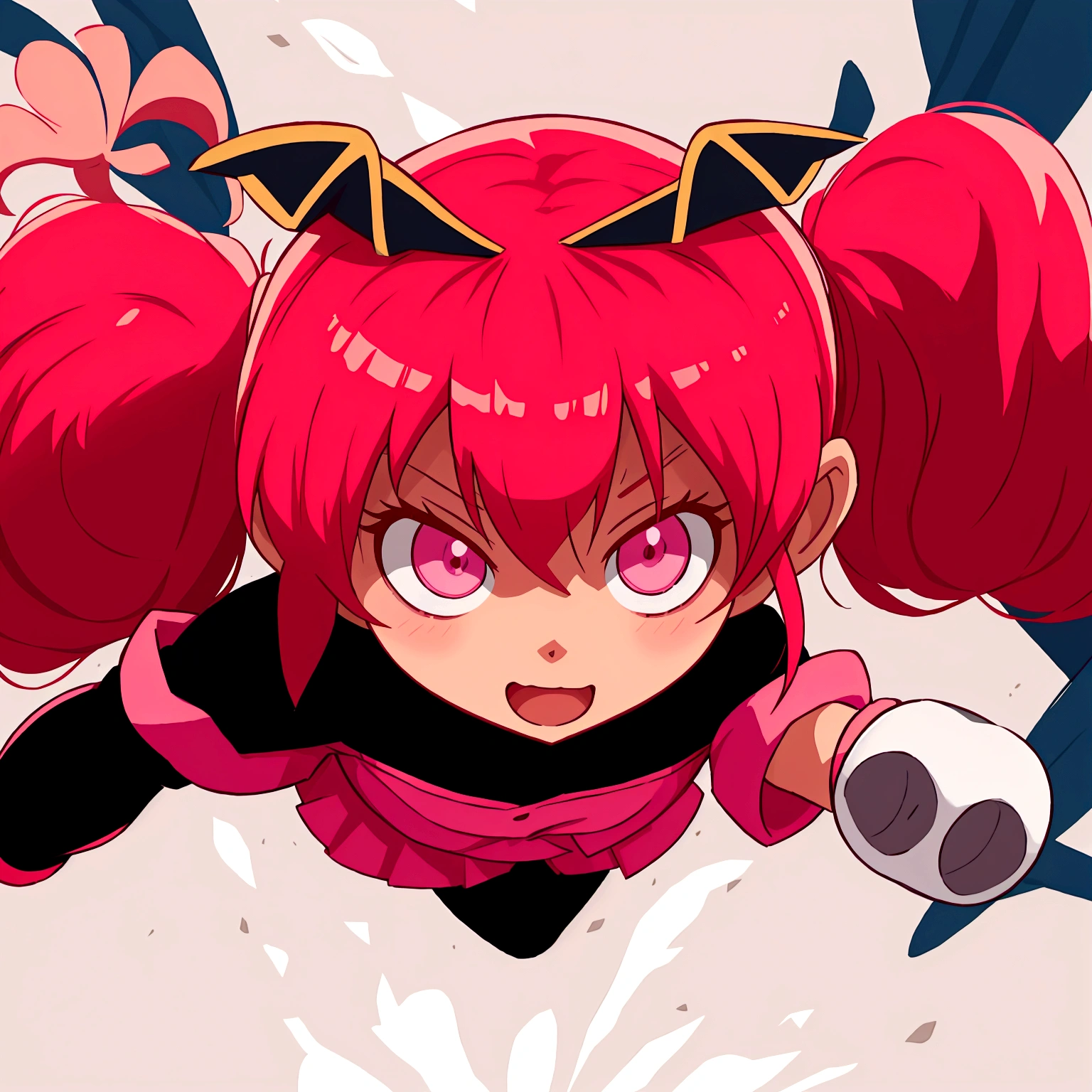 Anime girl with pink hair and a black outfit flies through the air, девочка-волшебница Anime розовые волосы в хвостике и розовые глаза, демон Anime девушка, сегодняшнее Anime-кадр, Anime