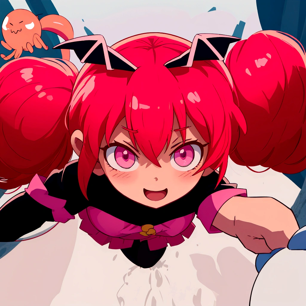 Anime girl with pink hair and a black outfit flies through the air, девочка-волшебница Anime розовые волосы в хвостике и розовые глаза, демон Anime девушка, сегодняшнее Anime-кадр, Anime