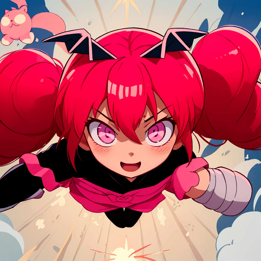 Anime girl with pink hair and a black outfit flies through the air, девочка-волшебница Anime розовые волосы в хвостике и розовые глаза, демон Anime девушка, сегодняшнее Anime-кадр, Anime