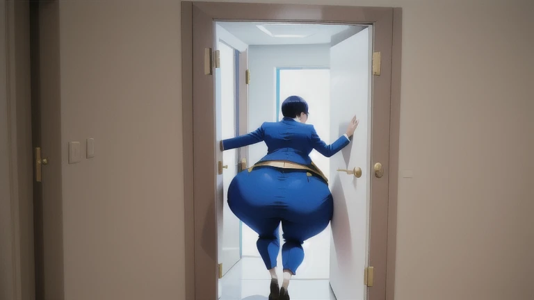 masterpiece, 1girl behind a doorway, from behind, (doorstuck, stuckbehind:1.3), huge hips, round belly, thick thighs, giant butt,colorful clothing, wearing a blue suit and tie and formal pants, upset, desperately trying to wiggle through, she tries to free herself but she won't budge, she is stuck tight view from behind, she is too wide, the doorway is quite narrow too, she is kicking her legs furiously