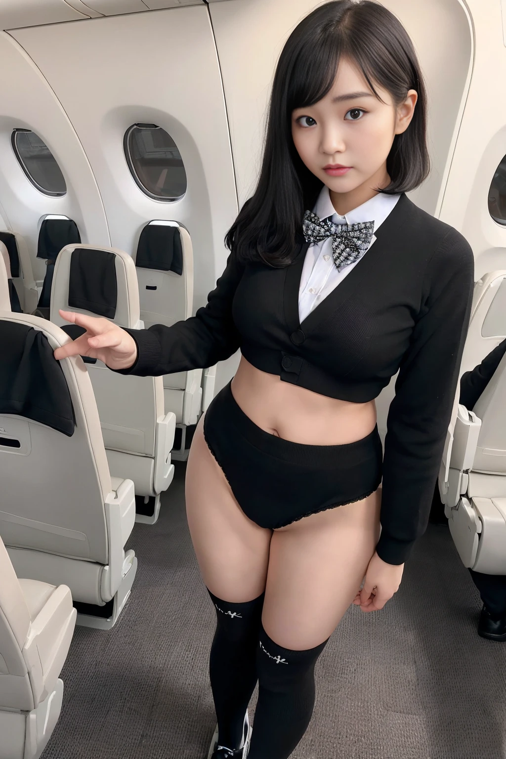 (8x_NMKD-Superscale_150000_G), (best quality), (high resolution), (masterpiece), (standing in airplane aisle), (((flight attendant))), ((short, black hair)), ((cute , baby face))), ((24 years old, 1 beautiful girl)), ((bow tie)), ((Bow tie, black jackets with open front, sexy bra, navel, sexy panties, black long socks)), Japanese