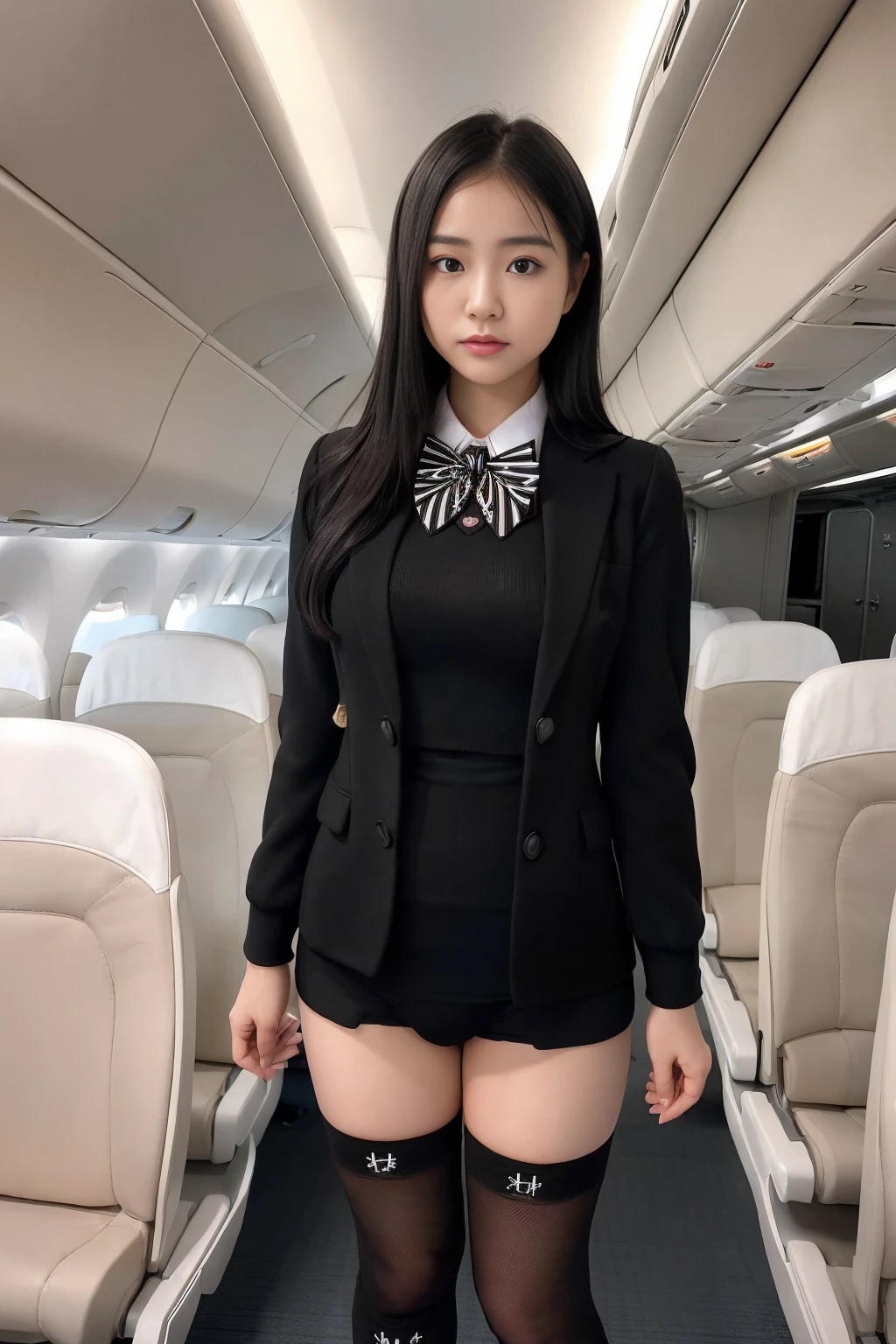 (8x_NMKD-Superscale_150000_G), (best quality), (high resolution), (masterpiece), (standing in airplane aisle), (((flight attendant))), ((short, black hair)), ((cute , baby face))), ((24 years old, 1 beautiful girl)), ((bow tie)), ((Bow tie, black jackets with open front, sexy bra, navel, sexy panties, black long socks)), Japanese