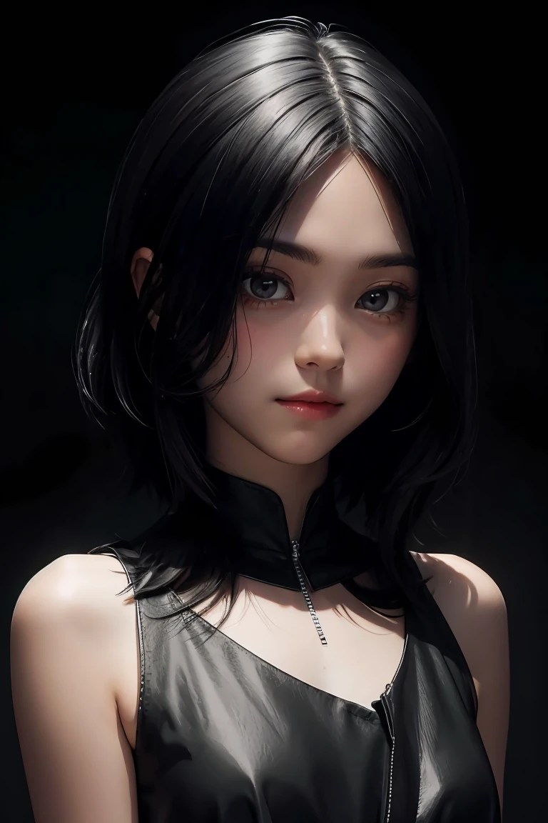 Polychrome, 1girl, night, dark, black hair, looking at viewer, upper body, facing viewer, limited palette, black background, glowing,