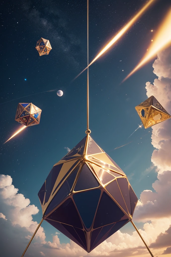 Flying magic octahedron with a golden circle 