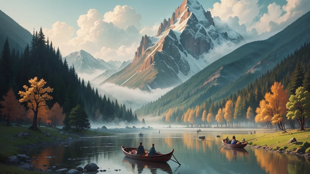This photo shows a mountain landscape with towering mountain ranges shrouded in mist. In this landscape there is a still river or lake, with a small boat and two people rowing it. Around there are ancient trees with colorful leaves, creating a very peaceful and dreamy scene. The painting is in the style of traditional Chinese art, with sophistication in every detail and harmonious colors.