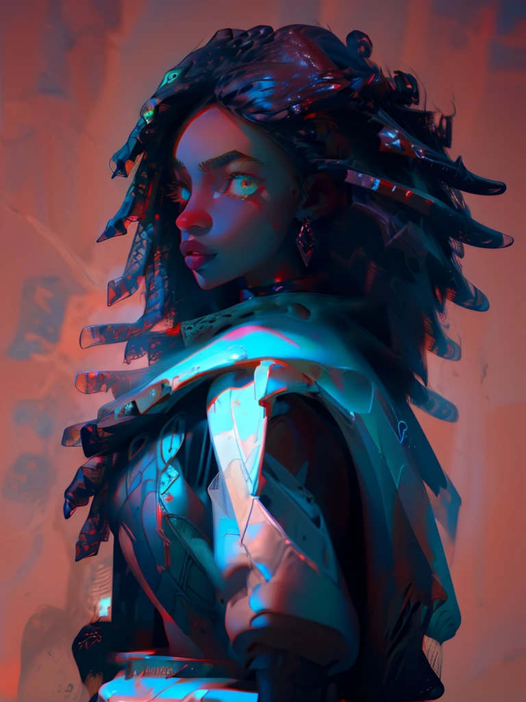 Very detailed, realistic, beautiful black woman, pretty woman, black skin, dark skin, HD, pretty face, fluorescent color, high quality, afro, afro hair, fantasy woman, black woman