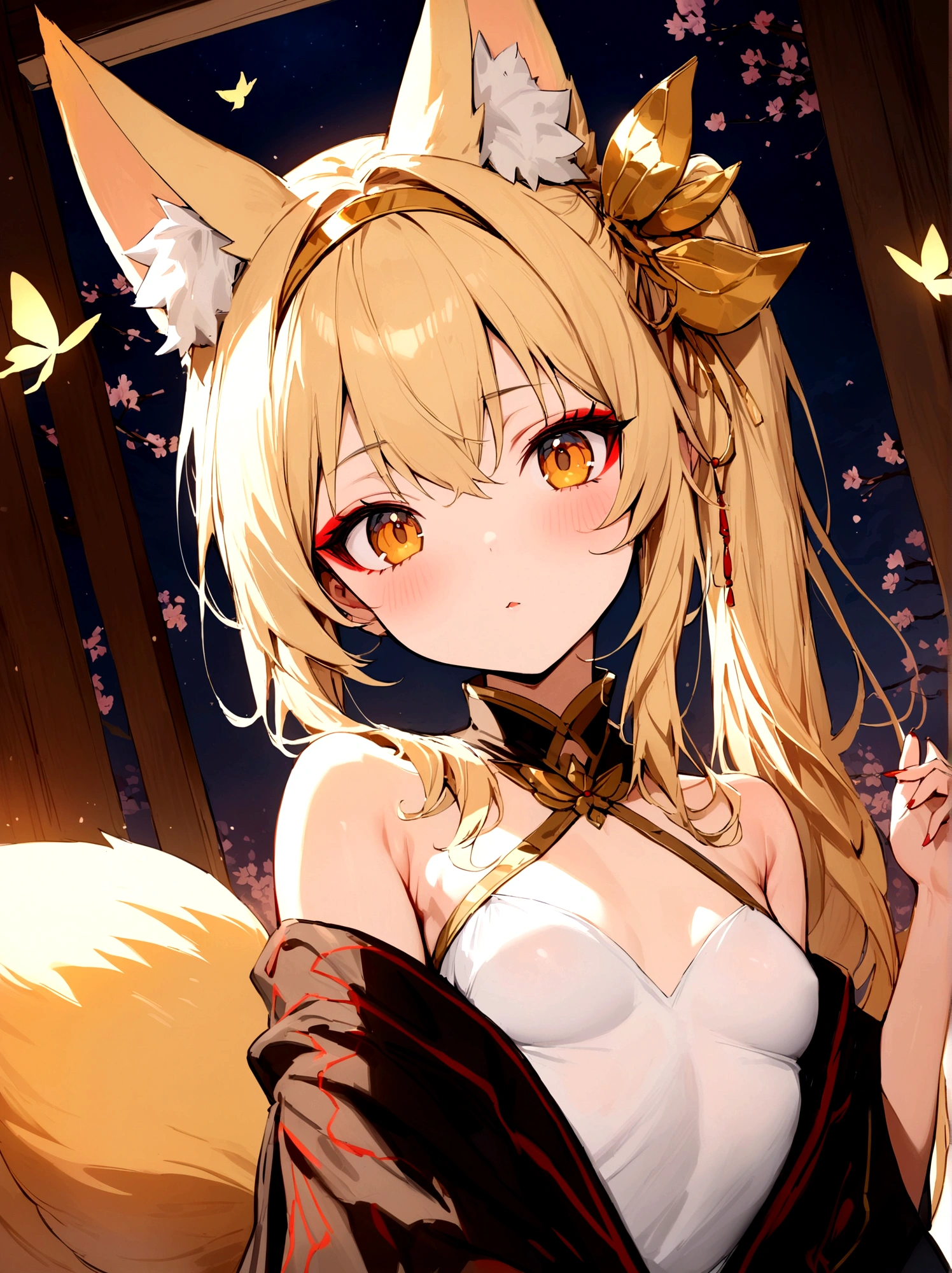 (masterpiece, best quality) junior,detailed, (beautiful,small breasts), blonde,long hair, side ponytail(right),gold butterfly hairband, elegant, (fox ears),nine tailed fox tail, red eyeshadow, golden eyes, femur，漏出femur, white shirt,shaman uniform,cherry blossom background,girl,NIGHT