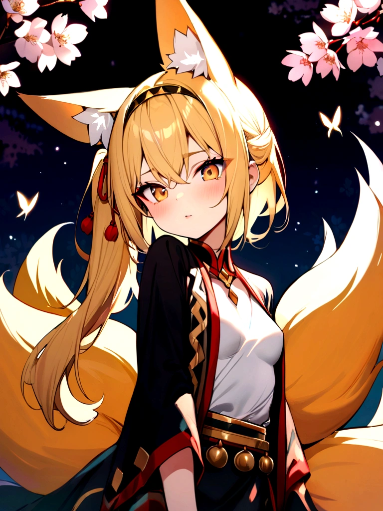 (masterpiece, best quality) junior,detailed, (beautiful,small breasts), blonde,long hair, side ponytail(right),gold butterfly hairband, elegant, (fox ears),nine tailed fox tail, red eyeshadow, golden eyes, femur,漏出femur, white shirt,shaman uniform,cherry blossom background,girl,NIGHT