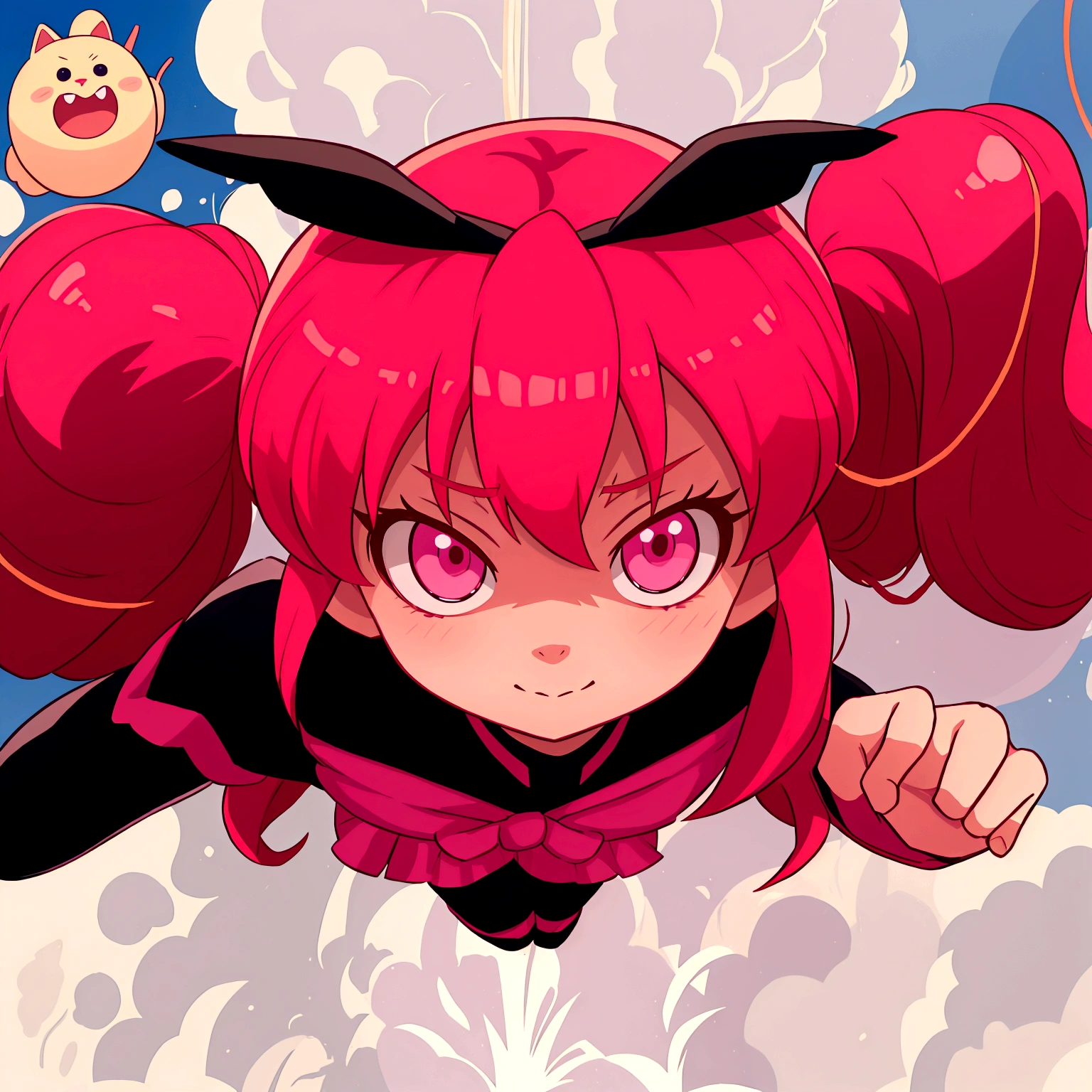 Anime girl with pink hair and a black outfit flies through the air, девочка-волшебница Anime розовые волосы в хвостике и розовые глаза, демон Anime девушка, сегодняшнее Anime-кадр, Anime