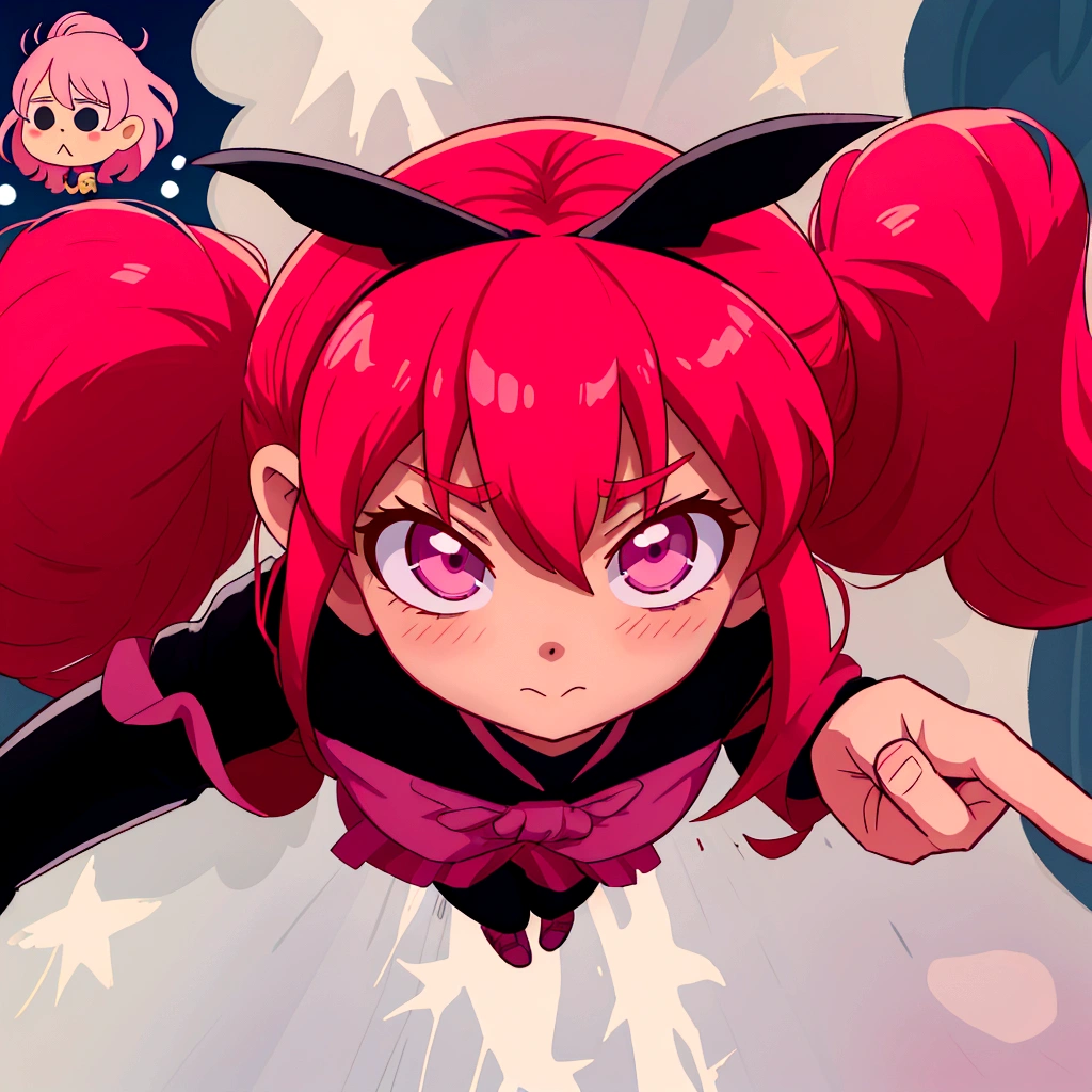 Anime girl with pink hair and a black outfit flies through the air, девочка-волшебница Anime розовые волосы в хвостике и розовые глаза, демон Anime девушка, сегодняшнее Anime-кадр, Anime