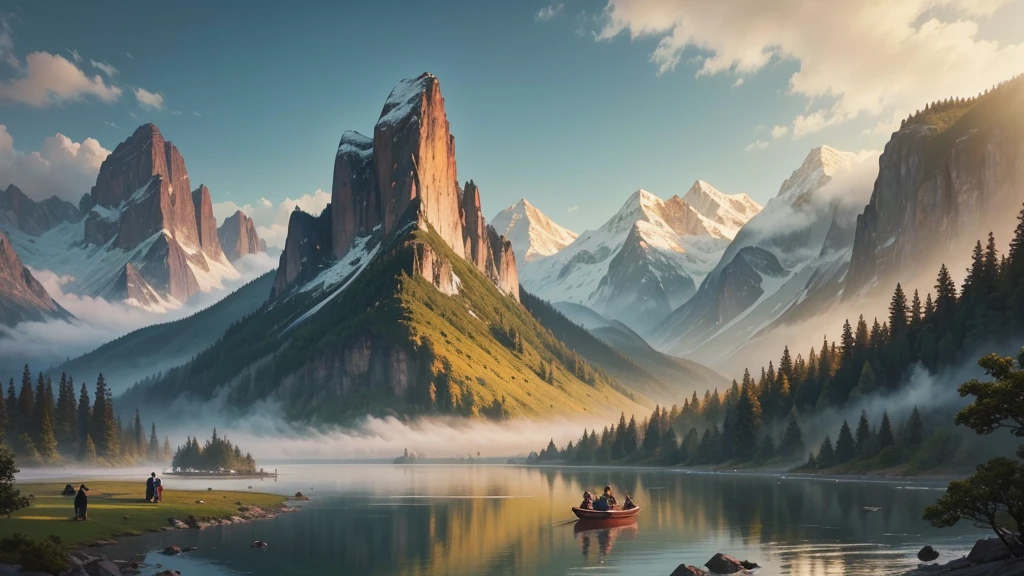 This photo shows a mountain landscape with towering mountain ranges shrouded in mist. In this landscape there is a still river or lake, with a small boat and two people rowing it. Around there are ancient trees with colorful leaves, creating a very peaceful and dreamy scene. The painting is in the style of traditional Chinese art, with sophistication in every detail and harmonious colors.