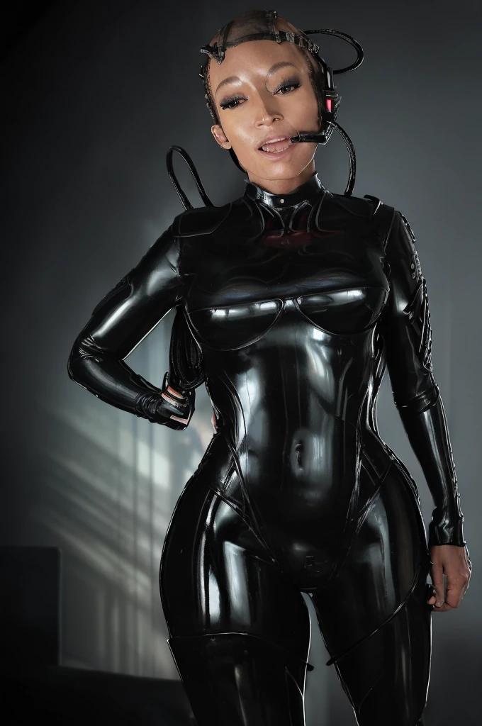 (tawny newsome:1.2), (black skin:1.2), (liquid metal girl full body
 sttldunf uniform:1.2), (Liquid Metal sttldunf uniform:1.2) being being transformed into drone,, Borg, robotic, 
ballgag, leather catsuit, belt, lying, prisoner, (best quality,4k,8k,highres,masterpiece:1.2),ultra-detailed,(realistic,photorealistic,photo-realistic:1.37),dark moody lighting,dramatic chiaroscuro,cinematic, (portrait:1.2)