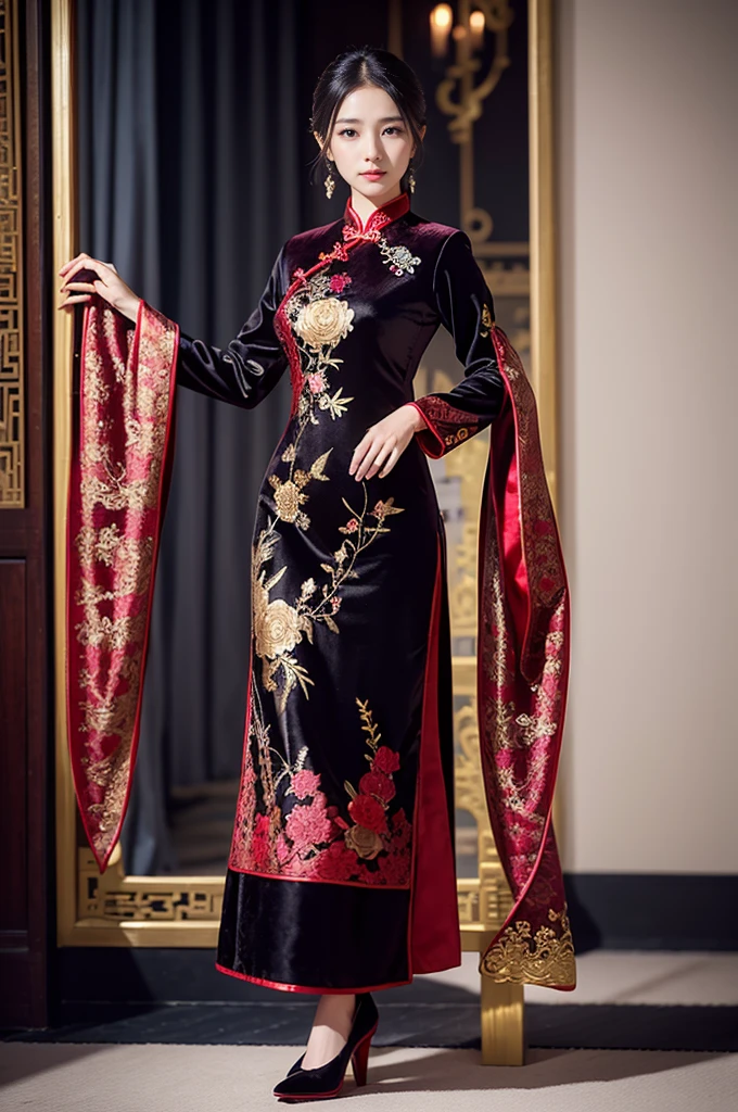 Features of gorgeous embroidered cheongsam:Exquisite embroidery craftsmanship,Showing traditional aesthetics。
Fabric Selection:Velvet or satin。
Colors and Patterns:Dark Tones,como preto、red,With gold or silver embroidery。
Pairing suggestions:Wear it with a pair of heels,A gorgeous clutch,And some exquisite accessories。