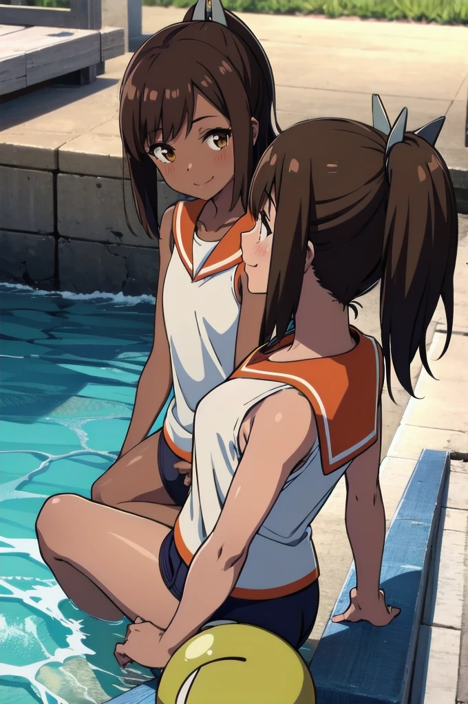 One Girl, alone, whole body, In-person audience, View your audience, smile, I401KC, Brown Hair, Short ponytail, White shirt, Sleeveless,One piece swimsuit, Bare arms, Sleeveless shirt, headgear, School Swimsuit, Sunburn, Sunburnlines, dark skin, Wear a swimsuit under your clothes, Sailor shirt, Orange sailor collar, From behind, 