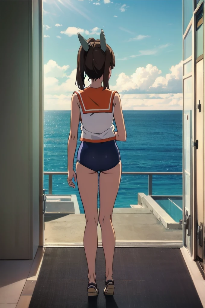 One Girl, alone, whole body, In-person audience, View your audience, smile, I401KC, Brown Hair, Short ponytail, White shirt, Sleeveless,One piece swimsuit, Bare arms, Sleeveless shirt, headgear, School Swimsuit, Sunburn, Sunburnlines, dark skin, Wear a swimsuit under your clothes, Sailor shirt, Orange sailor collar, From behind, 