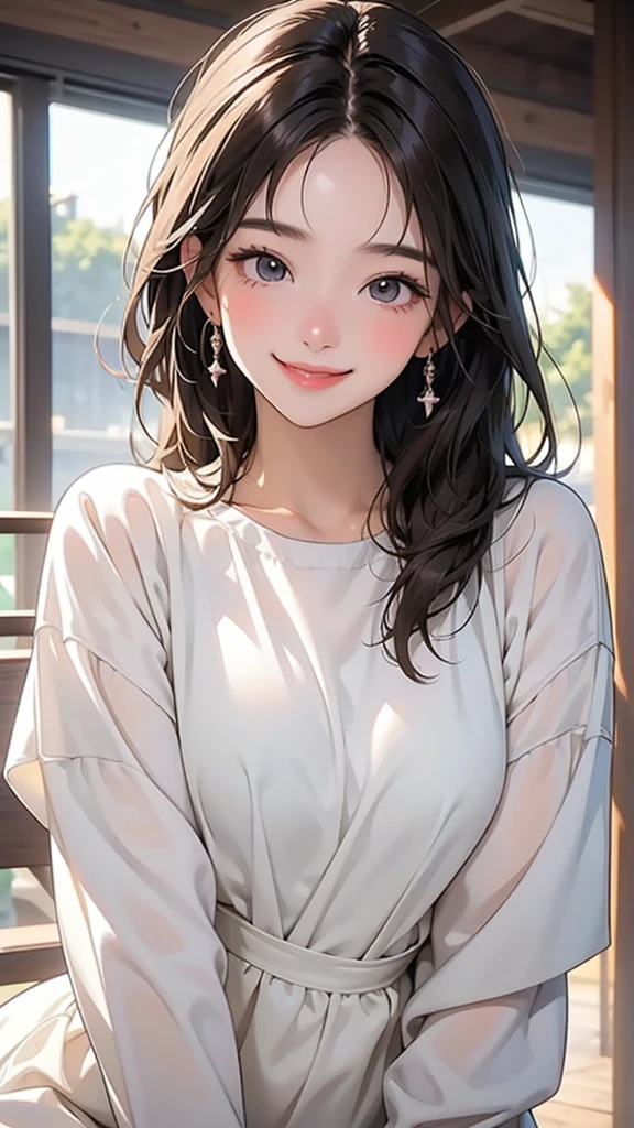 woman，(1 person),With a smile, She expressed her joy, Beautiful and smiling, Laugh gently, Cute smile, 美しいWith a smile, Happy and cheerful expression, And she laughs，very happy, (masterpiece、Highest quality)、Best details
