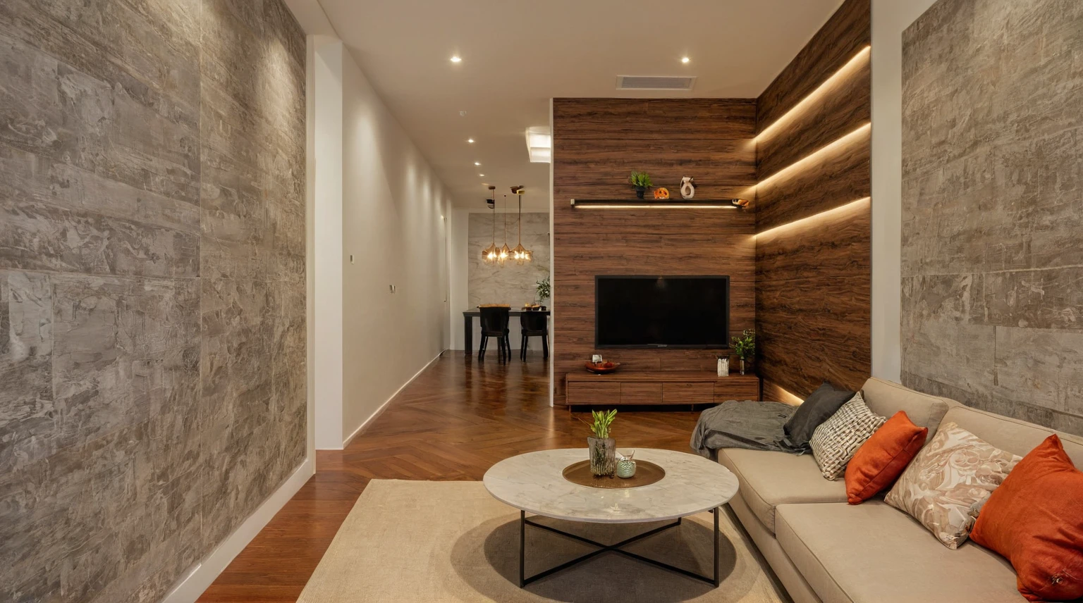 Raw photo, Masterpiece, high quality, best quality, authentic, super detail, interior, indoors, style modern, minimalist line, wooden, dark walnut wood, LED light, white paint wall, LIVING ROOM, PEN HOUSE, wooden window, japan style, wasabi style, Jen style, steel stair, glass railing, paint wall decor, bookshelf, livingroom, Indochine style, book shop