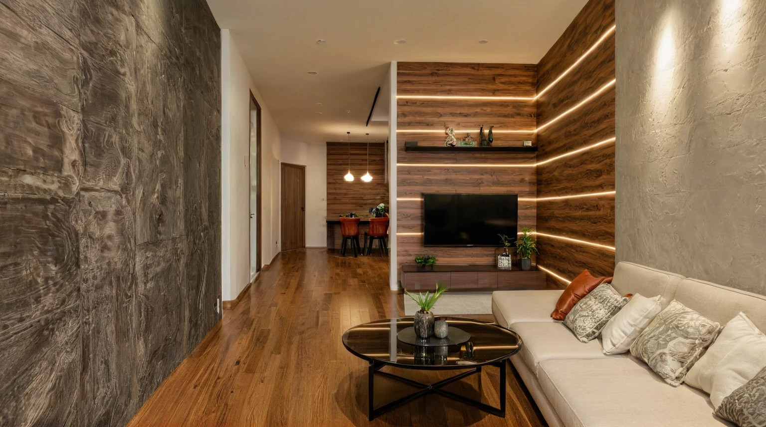 Raw photo, Masterpiece, high quality, best quality, authentic, super detail, interior, indoors, style modern, minimalist line, wooden, dark walnut wood, LED light, white paint wall, LIVING ROOM, PEN HOUSE, wooden window, japan style, wasabi style, Jen style, steel stair, glass railing, paint wall decor, bookshelf, livingroom, Indochine style, book shop