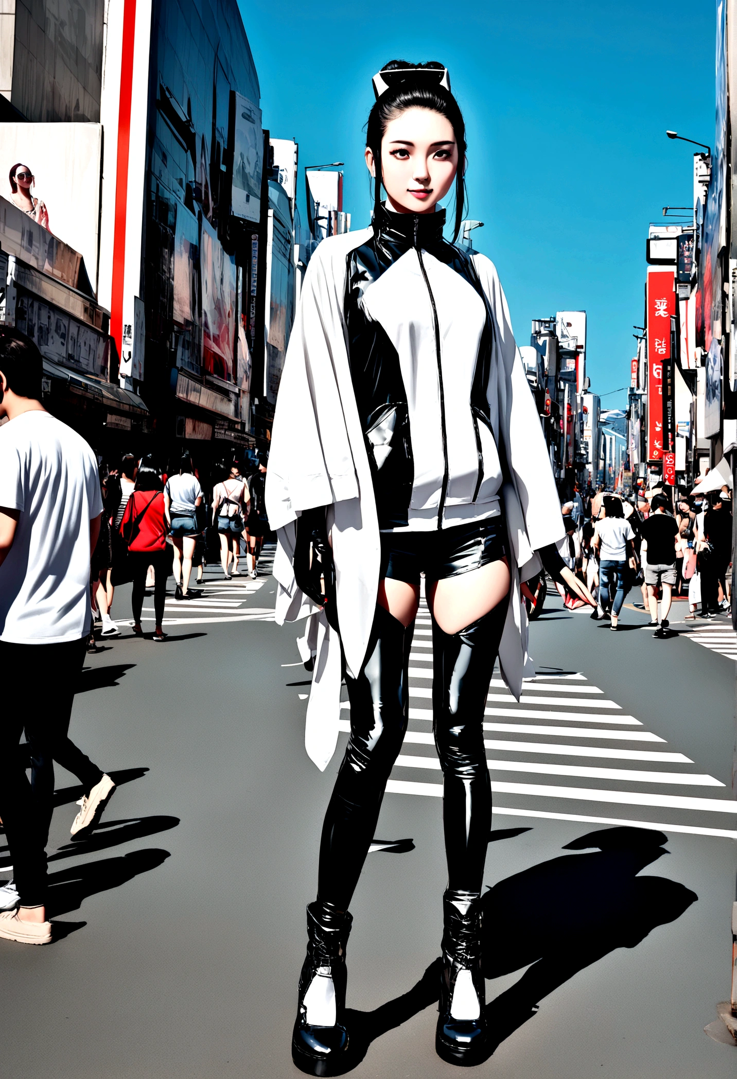 a young cyber fashion girl is standing on the shibuya load in japan, hyper real, photo real, high contrast, 8k, high resorution