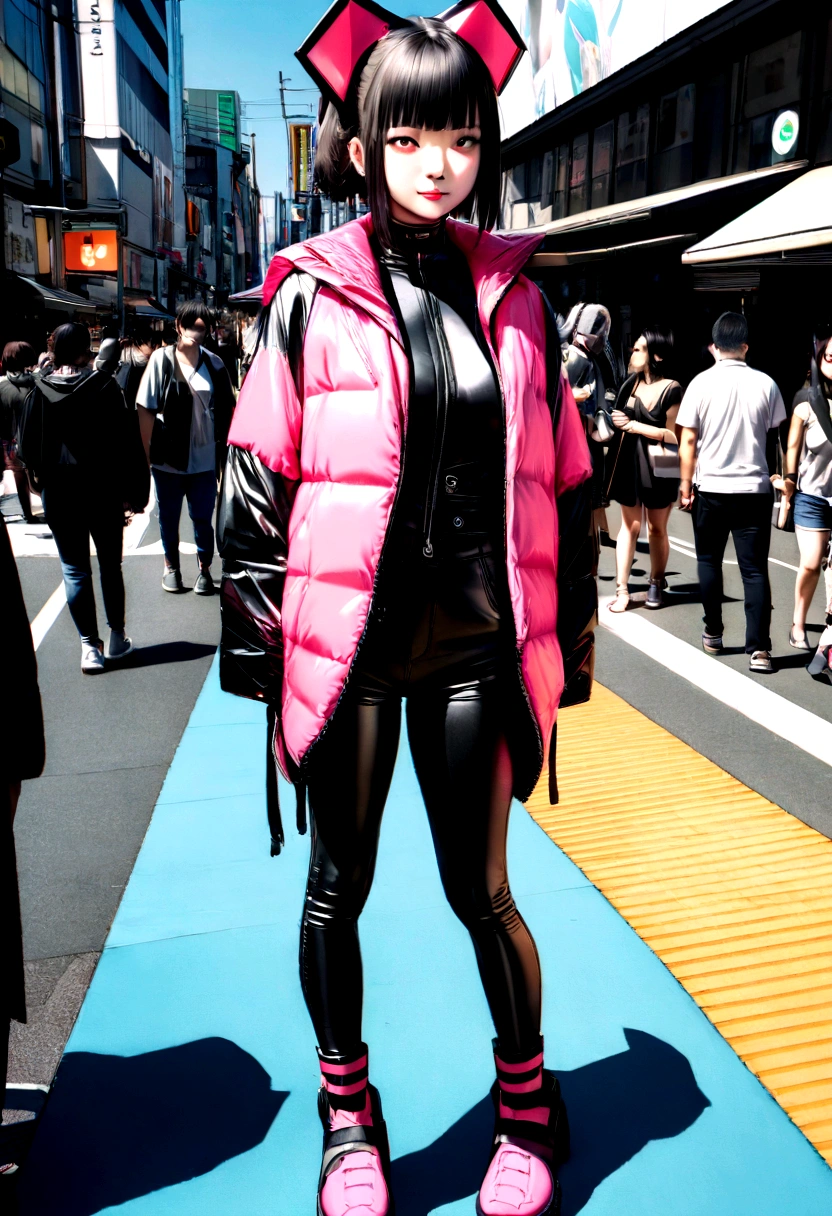 a young cyber fashion girl is standing on the shibuya load in japan, hyper real, photo real, high contrast, 8k, high resorution