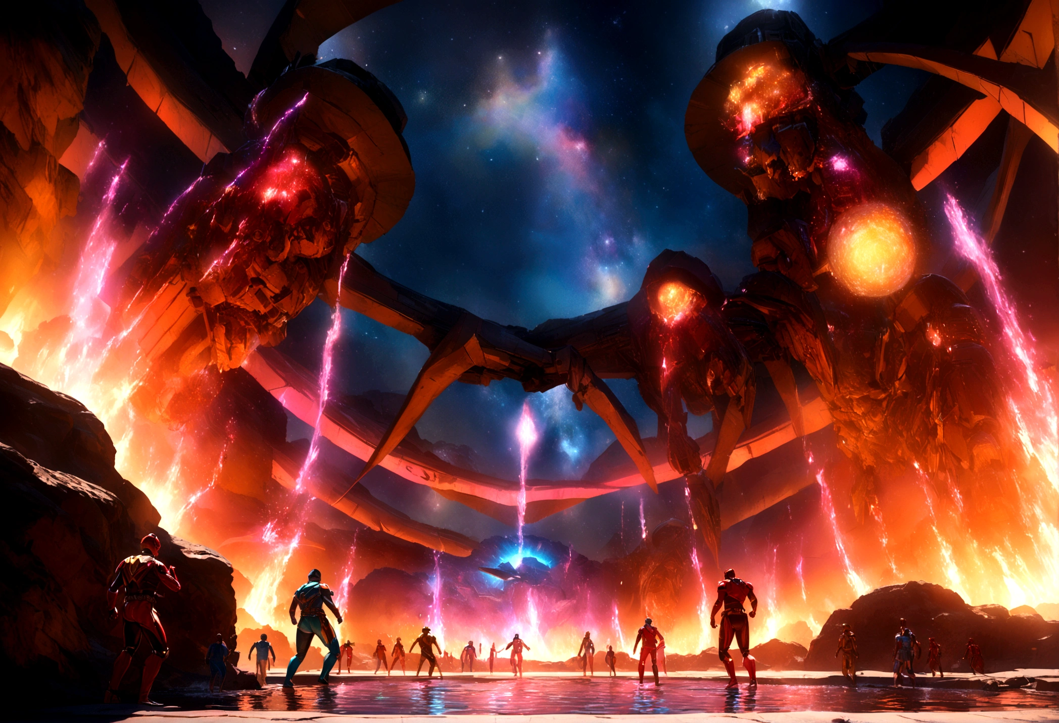 a group of power rangers in colorful swimsuits having a pool party, zoids dancing among the stars in a magical night sky on a ranger asteroid, ultra detailed, vibrant colors, cinematic lighting, 8k, photorealistic, intricate details, masterpiece