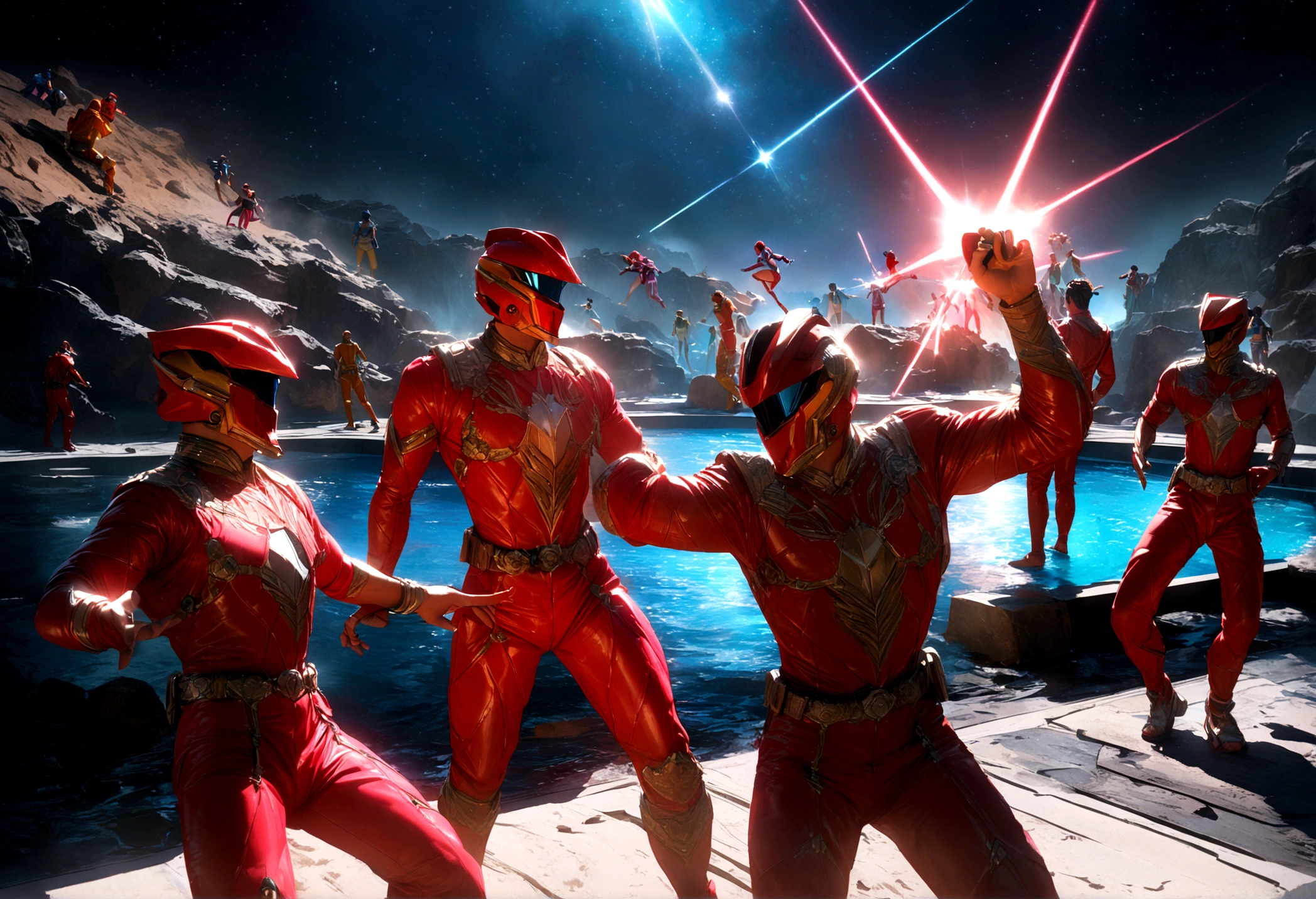 a group of power rangers in colorful swimsuits having a pool party, zoids dancing among the stars in a magical night sky on a ranger asteroid, ultra detailed, vibrant colors, cinematic lighting, 8k, photorealistic, intricate details, masterpiece
