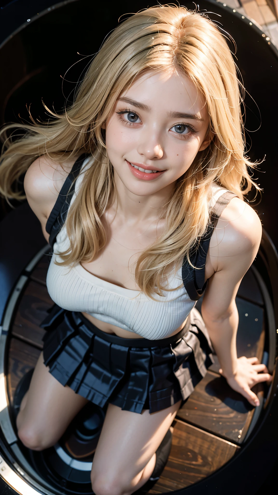 Highest quality, masterpiece, Ultra-high resolution,8K, (Realistic:1.6), (Make-up portrait:1.4) RAW Photos,((Platinum blonde long hair with side parting)), ((loose socks)),Soft looking breasts,((Jet black blue mini skirt fashion)),((Up Facial)),((k-popアイドルメイク)),One girl,(smile, Showing teeth)), 26 talents,,((Looking up at the audience)),Face Focus:1.4,((Shooting from above with a fisheye lens:1.4)),