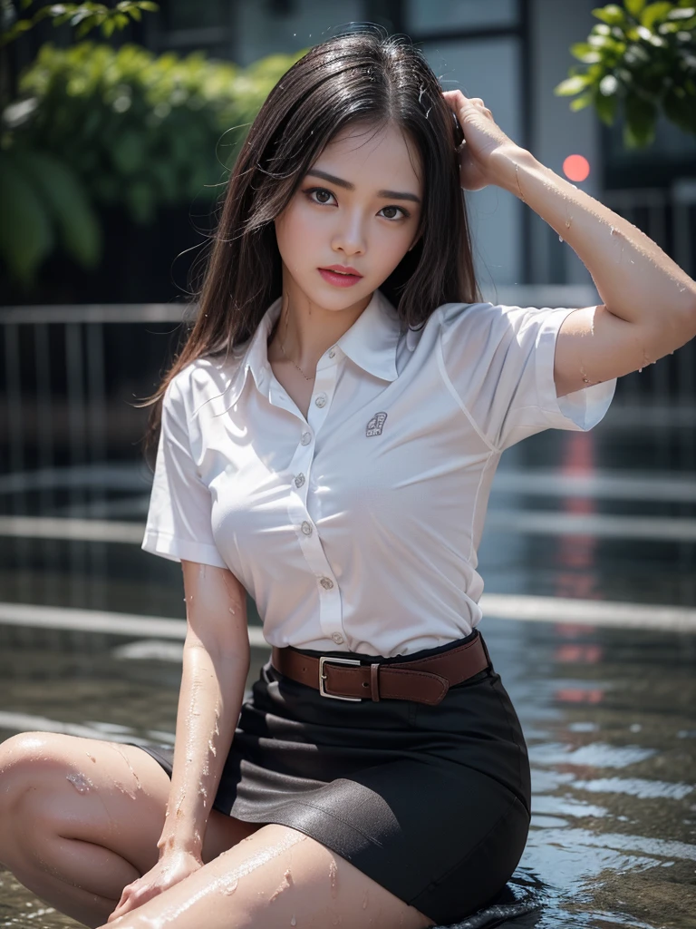(RAW shooting, Photoreal:1.5, 8K, highest quality, masterpiece, ultra high resolution), perfect dynamic composition:1.2, Night street corner of a modern city, expression of sadness:0.5, heavy rain:1.2, Highly detailed skin and facial textures:1.2, one Slim lady wet in the rain:1.3, Fair skin:1.2, perfect style:1.2, beautiful and aesthetic:1.1, very beautiful face:1.2, water droplets on the skin, and face, (rain drips all over my body:1.2, wet body:1.2, wet hair:1.3, Wet black tight skirt:1.2, wet white plain short-sleeve shirt:1.3), brown suede belt, black bra under white shirt:1.3, white sneakers, (cry, lovelorn, The expression on your face when you feel intense caress, Facial expression when feeling pleasure), (beautiful blue eyes, Eyes that feel beautiful eros:0.8), (Too erotic:0.9, Bewitching:0.9), cowboy shot, upper body, close up, rain, silver semi-sphere shirt buttons:1.2, silver plain solid square belt buckle:1.2, at night, thai university uniform:1.2
