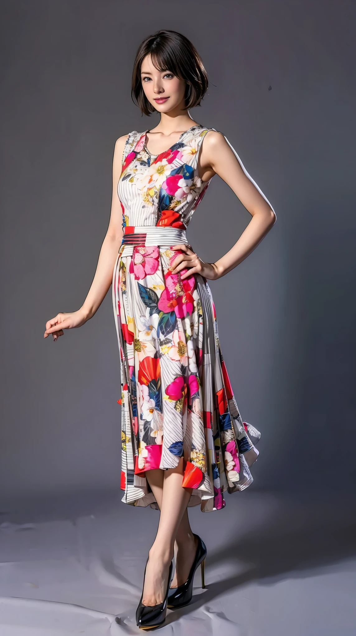 ((masterpiece)),(((Highest quality))),Thin thighs,Long legs,whole body:1.5,(One Girl:1.3),(Black high heels:1.3),(Wearing a floral striped mid-long flared skirt dress:1.2),Short blonde hair:1.2、Model pose with legs spread wide:1.5,Bright expression:1.5