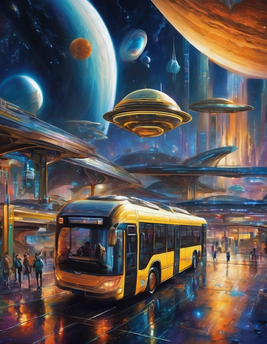 futuristic city, aliens get out of the bus, the surface of the planet Saturn, Ikarus-280 bus, in space, bus stop pavilion, diamond volumetric painting, fashionable astronomical fantasy