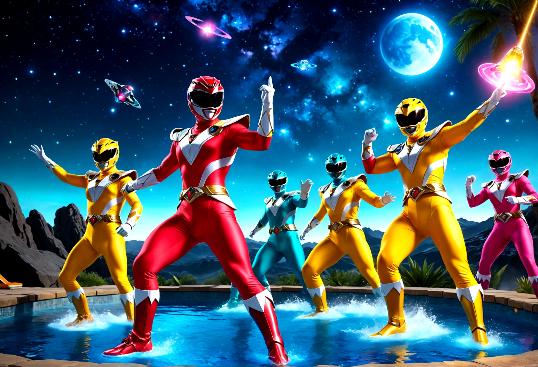 a colorful group of power rangers in vibrant swimsuits enjoying a pool party, zoids dancing among the stars in a magical night sky on a ranger asteroid, detailed cinematic lighting, vibrant colors, dynamic poses, (best quality,4k,8k,highres,masterpiece:1.2),ultra-detailed,(realistic,photorealistic,photo-realistic:1.37),cinematic lighting, stunning vfx, highly detailed characters, dynamic action scene, vivid colors, fantasy sci-fi landscape
