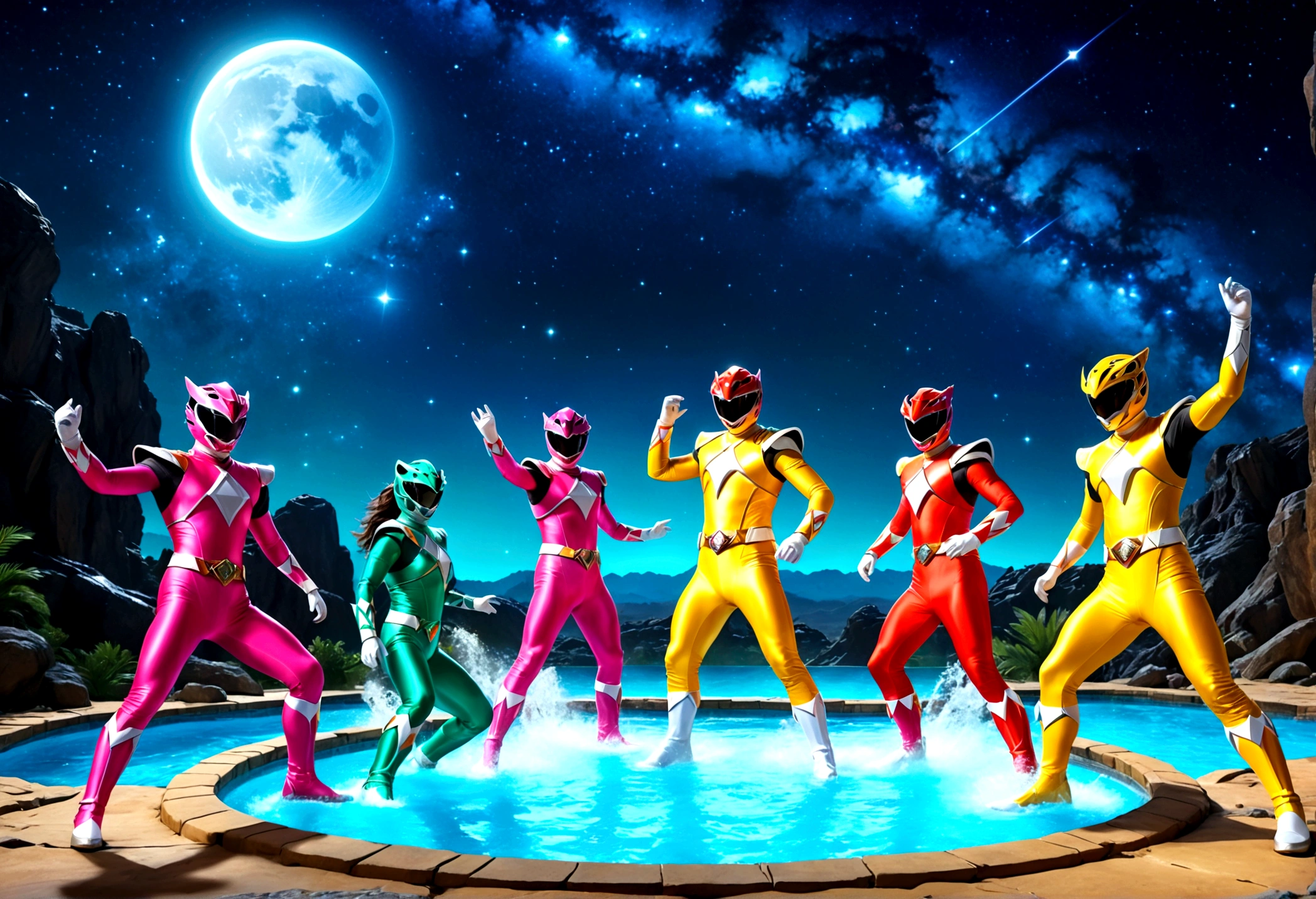 a colorful group of power rangers in vibrant swimsuits enjoying a pool party, zoids dancing among the stars in a magical night sky on a ranger asteroid, detailed cinematic lighting, vibrant colors, dynamic poses, (best quality,4k,8k,highres,masterpiece:1.2),ultra-detailed,(realistic,photorealistic,photo-realistic:1.37),cinematic lighting, stunning vfx, highly detailed characters, dynamic action scene, vivid colors, fantasy sci-fi landscape