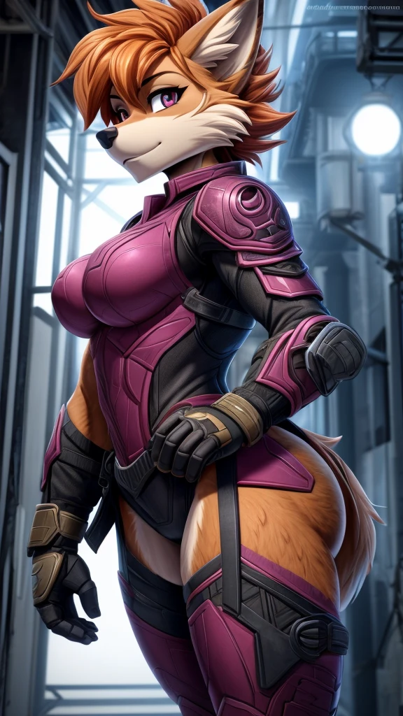 Skye from Paw Patrol, as a female fox, anthro, mature adult, orange fluffy hair, magenta eyes, tall, muscular, medium breasts, medium butt, thicc thighs, tomboy, full closed combat armor suit, standing, detailed, solo, beautiful, high quality, precise, manhwa style, 4K
