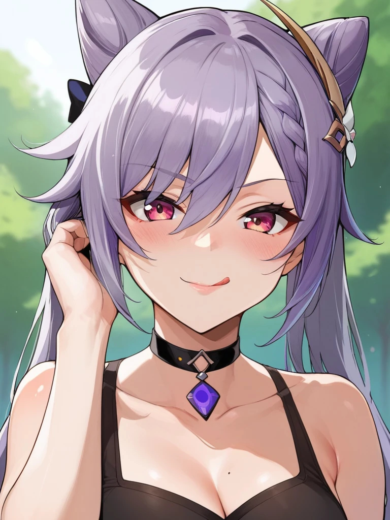 score_9, score_8_up, score_7_up, score_6_up, source_anime, BREAK by ikuchan kaoru, iku, clean color, flat color,1girl, genshin impact, keqing genshin impact, outdoors, in Forest,  face focus, face closeup, face, face only, smug, shy, embarrassed, licking lips, ((seductive)), alluring, seduce, hair over one eye, tongue, licking lips, adjusting hair,  BLACKED, BLACKED CHOKER, BLACKED CLOTHING, BLACKED ATTIRE, MEME ATTIRE, ((BLACKED choker))