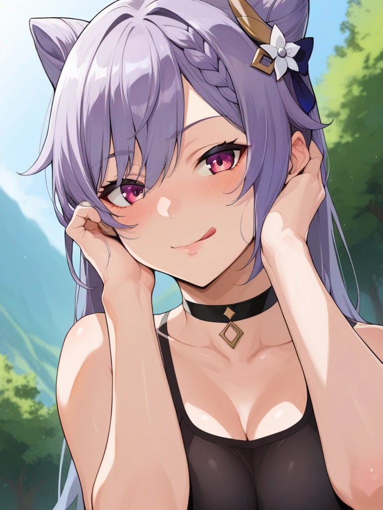 score_9, score_8_up, score_7_up, score_6_up, source_anime, BREAK by ikuchan kaoru, iku, clean color, flat color,1girl, genshin impact, keqing genshin impact, outdoors, in Forest, face focus, face closeup, face, face only, smug, shy, embarrassed, licking lips, ((seductive)), alluring, seduce, hair over one eye, tongue, licking lips, adjusting hair, BLACKED, BLACKED CHOKER, BLACKED CLOTHING, BLACKED ATTIRE, MEME ATTIRE, ((BLACKED choker))