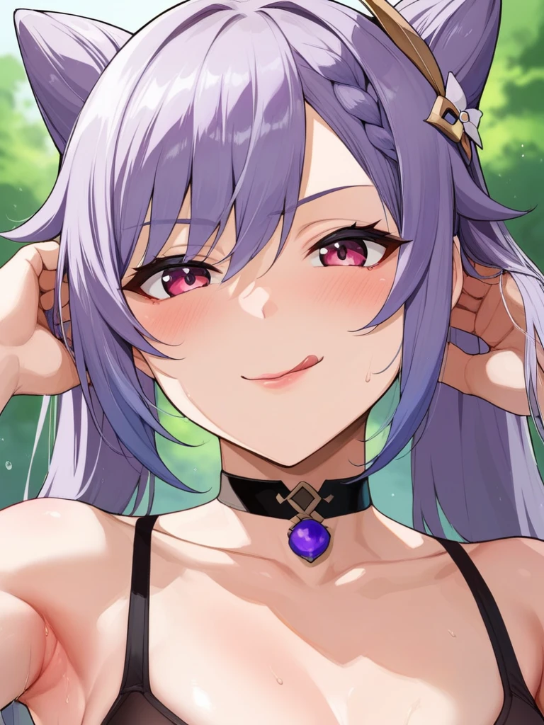 score_9, score_8_up, score_7_up, score_6_up, source_anime, BREAK by ikuchan kaoru, iku, clean color, flat color,1girl, genshin impact, keqing genshin impact, outdoors, in Forest, face focus, face closeup, face, face only, smug, shy, embarrassed, licking lips, ((seductive)), alluring, seduce, hair over one eye, tongue, licking lips, adjusting hair, BLACKED, BLACKED CHOKER, BLACKED CLOTHING, BLACKED ATTIRE, MEME ATTIRE, ((BLACKED choker))