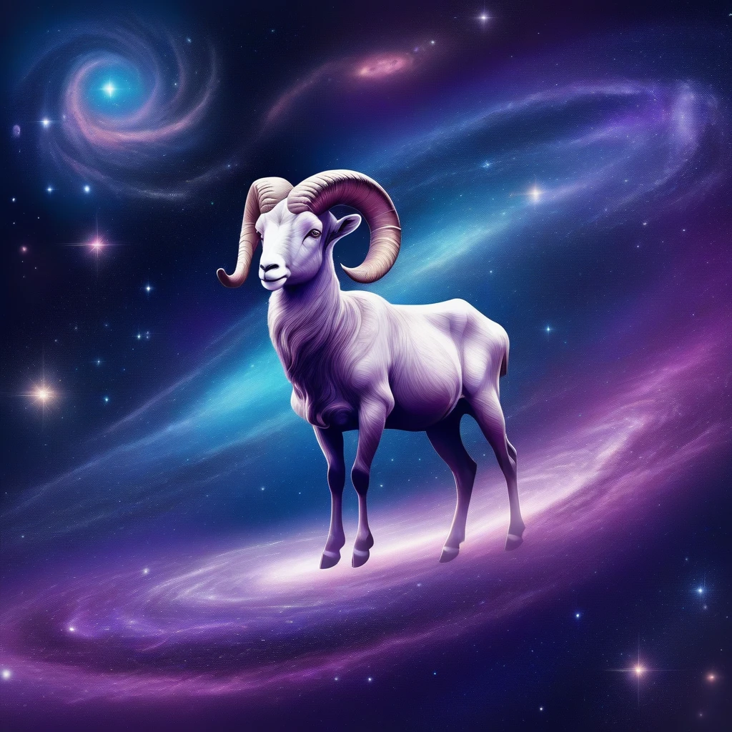 Aries constellation emerging from spiral galaxy, deep space photography style, awe-inspiring and vast, nebula glow lighting, stippled star field effect, cosmic purples and blues with white stars, full wrap-around design, subtle glow-in-the-dark accents, space exploration fanwear, T-shirt design graphic, vector, contour, white background