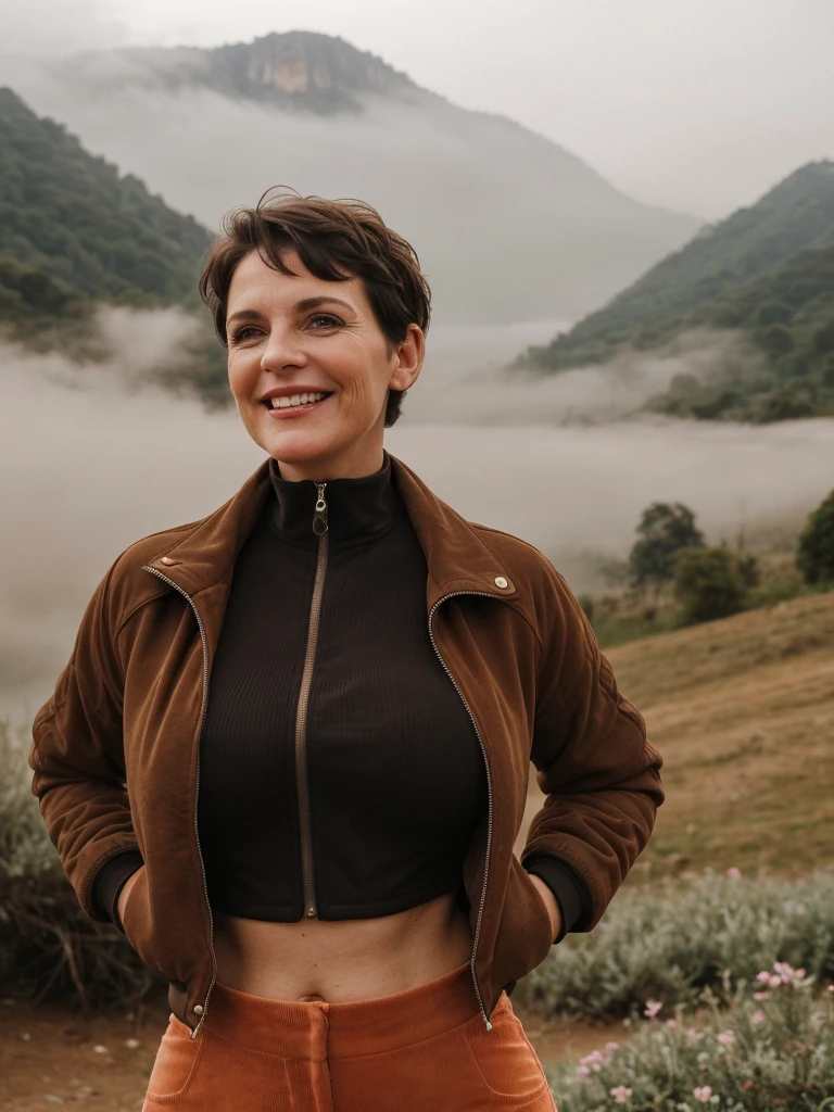 1 girl, photorealistic, realistic, her name is Elise, middle age, a 45-year-old woman with gray hair, body of 45-year-old woman, wrinkles on her face and body, Alpine woman, ((dark brown hair, short hair))), smiling,(((dynamic pose))), nudity, (((The quiet mountains are shrouded in a sea of mist.,Stunning sunrise casting warm hues,Beautiful flowers bloomed in front of us.,The atmosphere is dreamy and peaceful.,Beautiful landscape of Thailand,Harmony between nature and humanity))), (((she choose a cropped corduroy jacket is tailored with a slightly boxy silhouette, featuring a plush texture and a rich color like brown. Its cropped length accentuates the waistline and adds structure to the ensemble. There is no top beneath the jacket, she paired it with color black high-waisted cycling shorts in a sleek, stretchy fabric that conforms to her figure)))