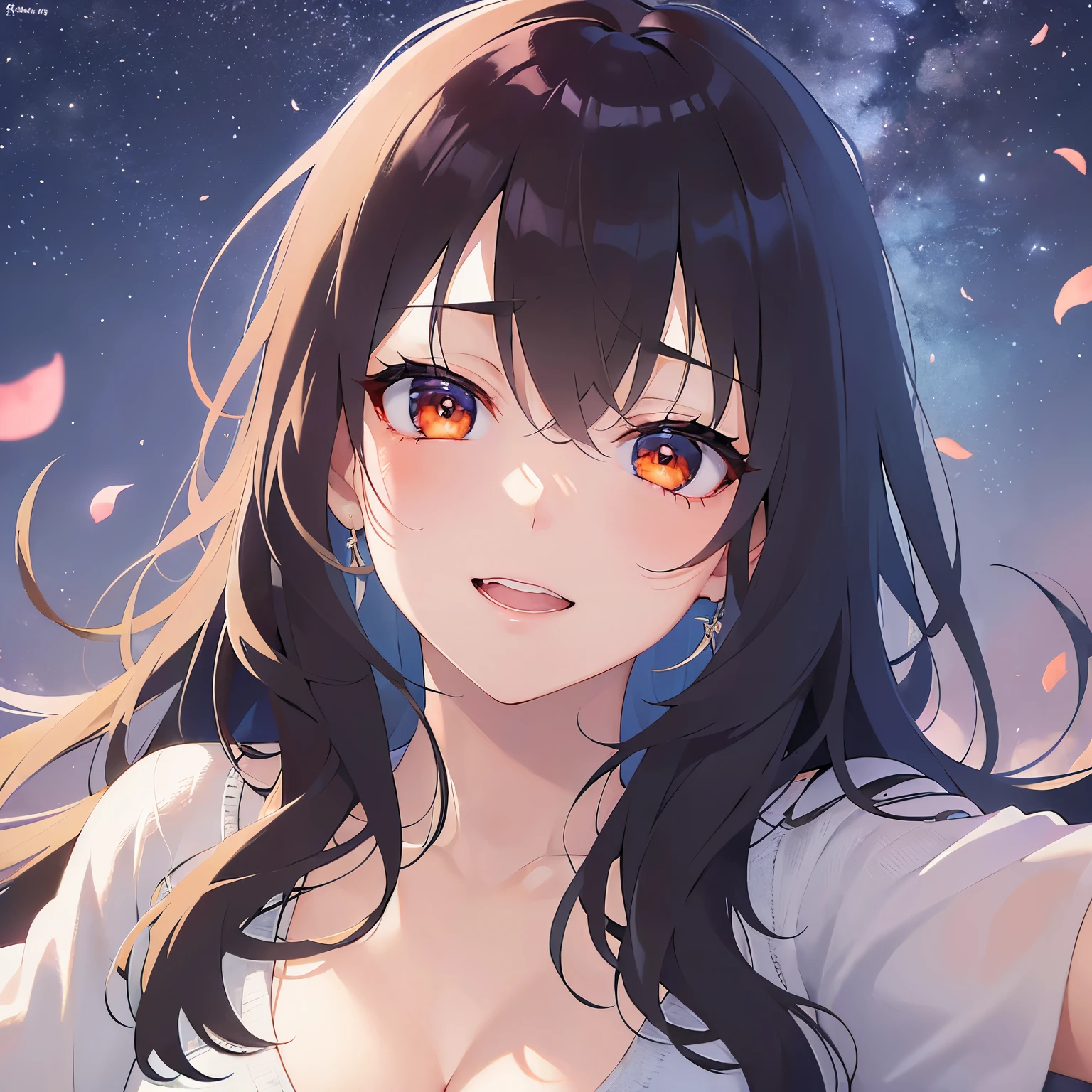 (open arms for viewer:1.5),(looking at viewer:1.5),upper body,
 Realistic, real person, (pale skin: 1.2), RAW photo, photorealistic, shiny skin, shiny hair、
(A 25-year-old woman with medium-length hair and bangs) and (wavy hair) and (brown hair) and (Orange Eyes)、(white) and (T-shirt) and (v neck) 、(Cleavage:1.5)、
Tears of Joy,blush,,Midnight in the Park、(Night Sky:1.5)