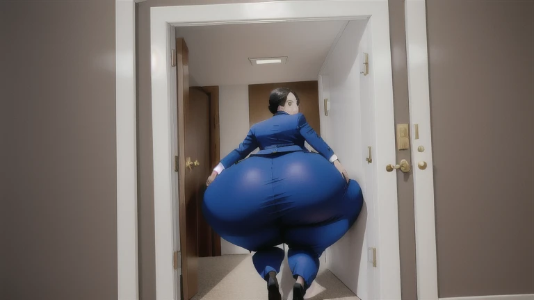 masterpiece, 1girl behind a doorway, from behind, (doorstuck, stuckbehind:1.3), huge hips, round belly, thick thighs, giant butt,colorful clothing, wearing a blue suit and tie and formal pants, upset, desperately trying to wiggle through, she tries to free herself but she won't budge, she is stuck tight view from behind, she is too wide, the doorway is quite narrow too, she is kicking her legs furiously