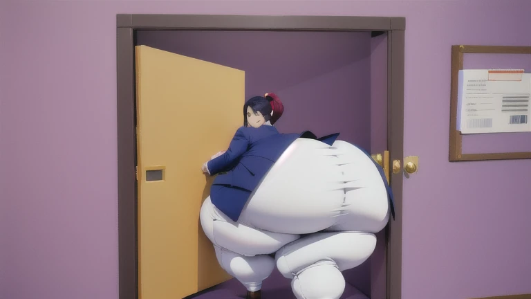 masterpiece, 1girl behind a doorway, from behind, (doorstuck, stuckbehind:1.3), huge hips, round belly, thick thighs, giant butt,colorful clothing, wearing a blue suit and tie and formal pants, upset, desperately trying to wiggle through, she tries to free herself but she won't budge, she is stuck tight view from behind, she is too wide, the doorway is quite narrow too, she is kicking her legs furiously