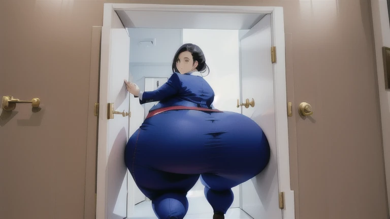 masterpiece, 1girl behind a doorway, from behind, (doorstuck, stuckbehind:1.3), huge hips, round belly, thick thighs, giant butt,colorful clothing, wearing a blue suit and tie and formal pants, upset, desperately trying to wiggle through, she tries to free herself but she won't budge, she is stuck tight view from behind, she is too wide, the doorway is quite narrow too, she is kicking her legs furiously