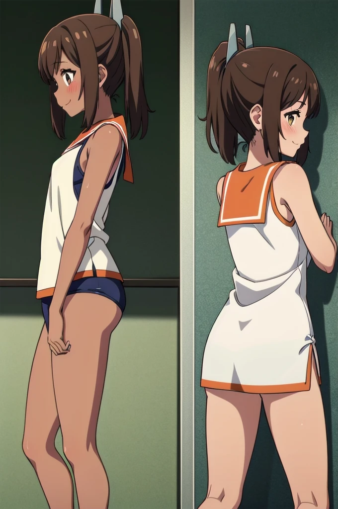 One Girl, alone, whole body, blush, smile, I401KC, Brown Hair, Short ponytail, White shirt, Sleeveless,One piece swimsuit, Bare arms, Sleeveless shirt, headgear, School Swimsuit, Sunburn, Sunburnlines, dark skin, Wear a swimsuit under your clothes, Sailor shirt, Orange sailor collar, From behind, 