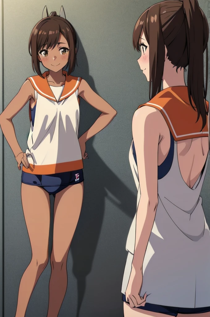 One Girl, alone, whole body, blush, smile, I401KC, Brown Hair, Short ponytail, White shirt, Sleeveless,One piece swimsuit, Bare arms, Sleeveless shirt, headgear, School Swimsuit, Sunburn, Sunburnlines, dark skin, Wear a swimsuit under your clothes, Sailor shirt, Orange sailor collar, From behind, 