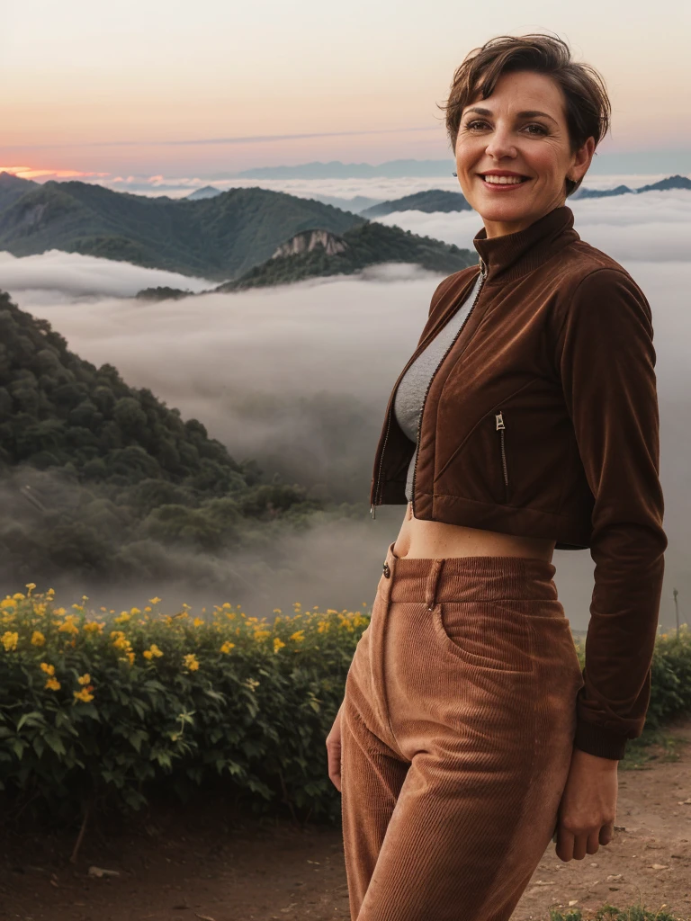 1 girl, photorealistic, realistic, her name is Elise, middle age, a 45-year-old woman with gray hair, body of 45-year-old woman, wrinkles on her face and body, Alpine woman, ((dark brown hair, short hair))), smiling,(((dynamic pose))), nudity, (((The quiet mountains are shrouded in a sea of mist.,Stunning sunrise casting warm hues,Beautiful flowers bloomed in front of us.,The atmosphere is dreamy and peaceful.,Beautiful landscape of Thailand,Harmony between nature and humanity))), (((she choose a cropped corduroy jacket is tailored with a slightly boxy silhouette, featuring a plush texture and a rich color like brown. Its cropped length accentuates the waistline and adds structure to the ensemble. There is no top beneath the jacket, she paired it with color black high-waisted cycling shorts in a sleek, stretchy fabric that conforms to her figure)))