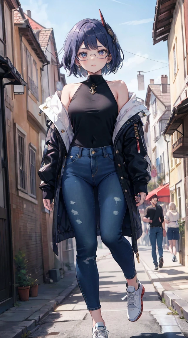 women, long hair, masterpiece, bestquality,3 girl,young girl, Long Jeans, Wear glasses, purple hair color, ,,,,,,,,,,,,,,,,,,,,,,,,unstable _Front,oily shiny skin,nice leg line:1.3,thick thighs, thin-waist,, white_platform_sneakers, woven_El_bag, straw_headgear, gold_hoop_earrings, jacket, In a 19th century French town, long jeans city scenery,looking at the audience,From Top:1.2,dynamic angle