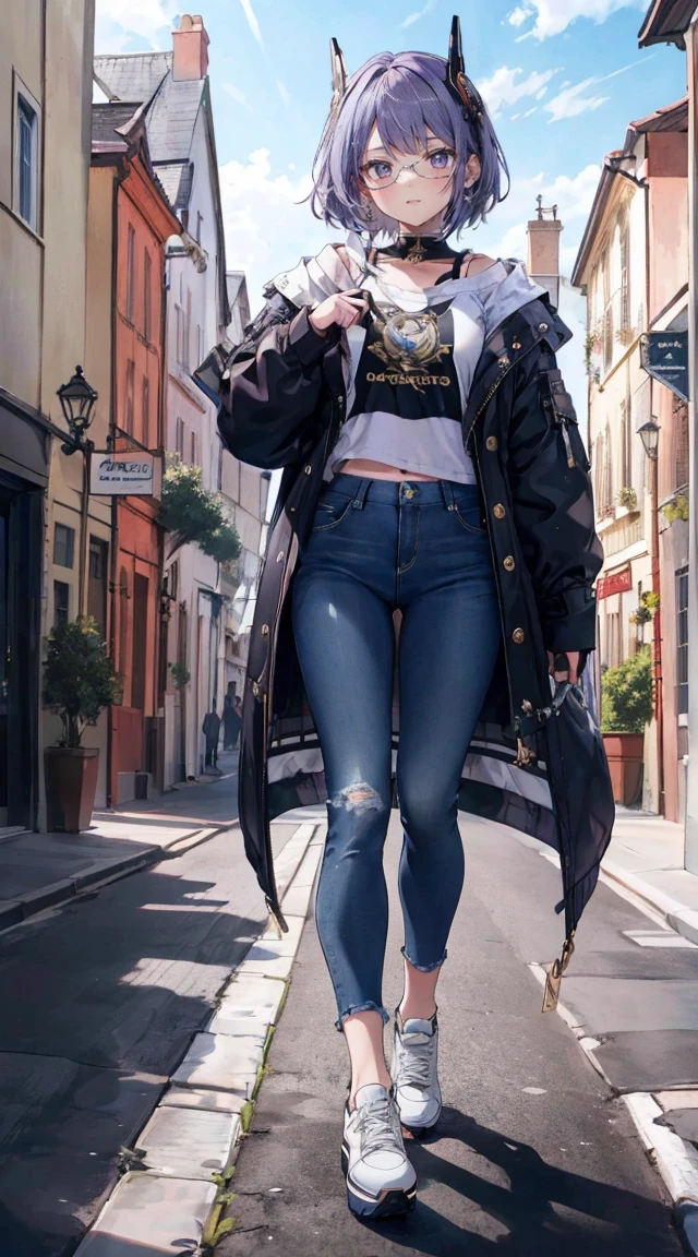 women, long hair, masterpiece, bestquality,3 girl,young girl, Long Jeans,  Wear glasses, purple hair color, ,,,,,,,,,,,,,,,,,,,,,,,,unstable _Front,oily shiny skin,nice leg line:1.3,thick thighs, thin-waist,, white_platform_sneakers, woven_El_bag, straw_headgear, gold_hoop_earrings, jacket, In a 19th century French town, long jeans city scenery,looking at the audience,From Top:1.2,dynamic angle
