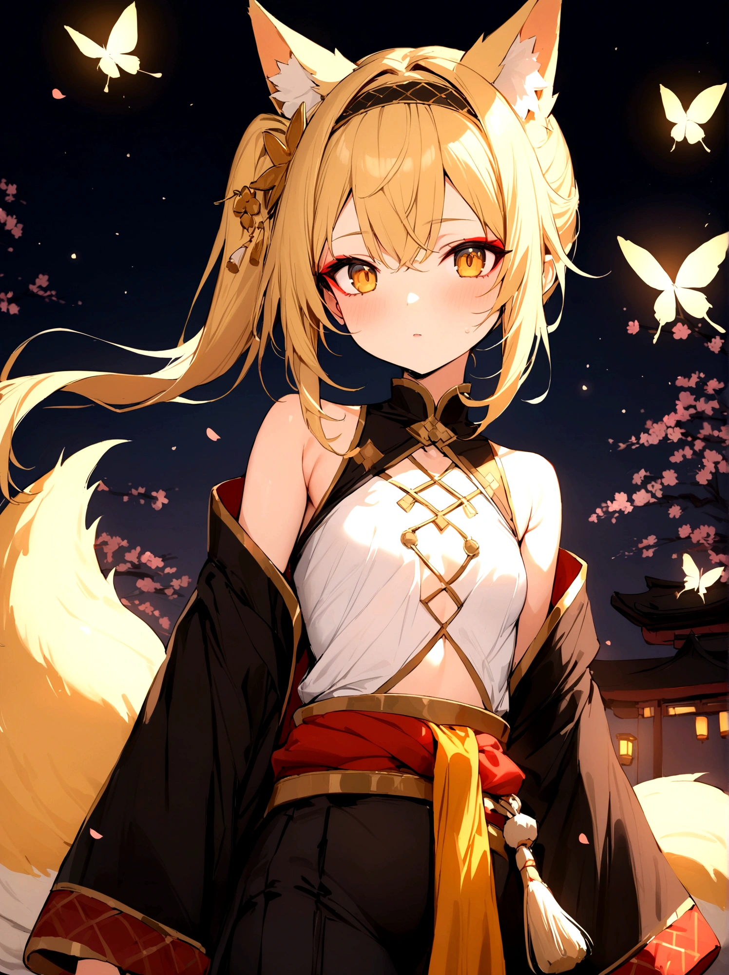 (masterpiece, best quality) junior,detailed, (beautiful,small breasts), blonde,long hair, side ponytail(gold butterfly hairband), elegant, (fox ears),nine tailed fox tail, red eyeshadow, golden eyes, femur，漏出femur, white shirt,shaman uniform,cherry blossom background,girl,NIGHT